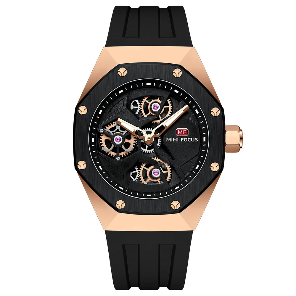 MINIFOCUS Skeleton Sport Men’s Watch Waterproof Japanese Quartz Movement Casual Wristwatch for Business Outdoor Gift for Him