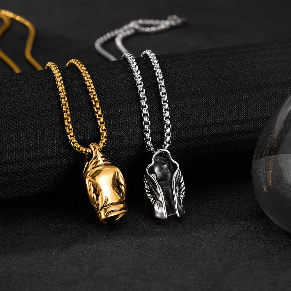 Men’s Assassin Cloak Pendant Necklace – Retro Punk Style Stainless Steel Hooded Cape Jewelry
