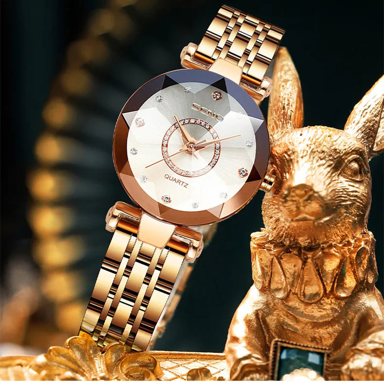 Fashion Ocean Star Women’s Watch Stainless Steel Band Gradient Glass Diamond Studded Dial Luxury Waterproof Luminous Timepiece