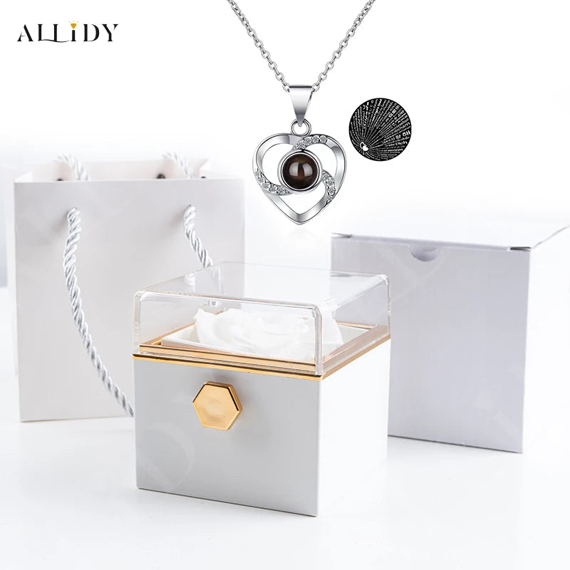 Rotation Real Rose Valentine's Day Marriage Acrylic Jewelry Gift Boxes 100 Languages Projection Necklace for Women Girl Lover