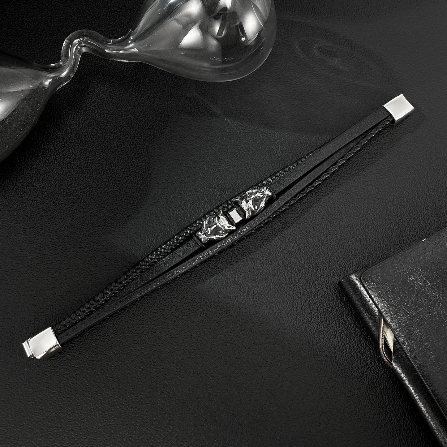 Men’s Leopard Head Leather Bracelet – Trendy Braided Wristband with Stainless & Titanium Steel, Bold Animal-Inspired Design