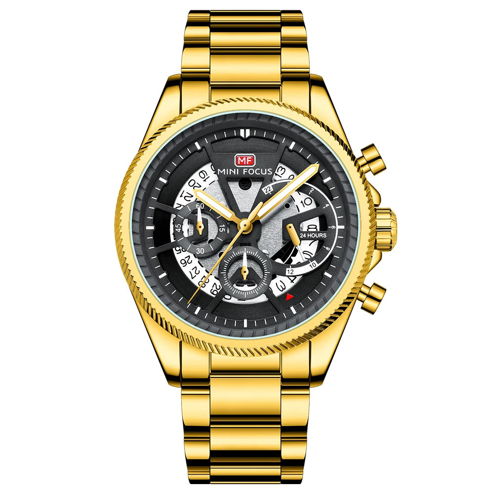 MINIFOCUS Men’s Skeleton-Style Quartz Watch Multifunction Waterproof Stainless Steel Business Sport Wristwatch Father’s Day Gift