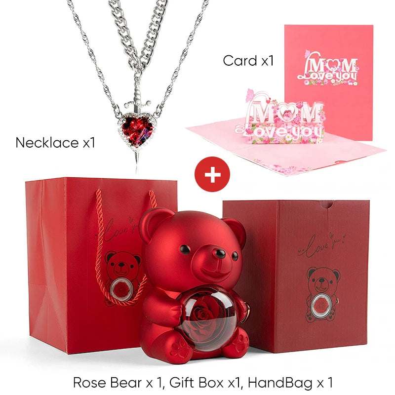 Mother's Day 3D Card Red Zircon Heart and Sword Necklace Double Necklace Real Rose Hug Bear Mothers Day Jewelry Gift Set for Mom