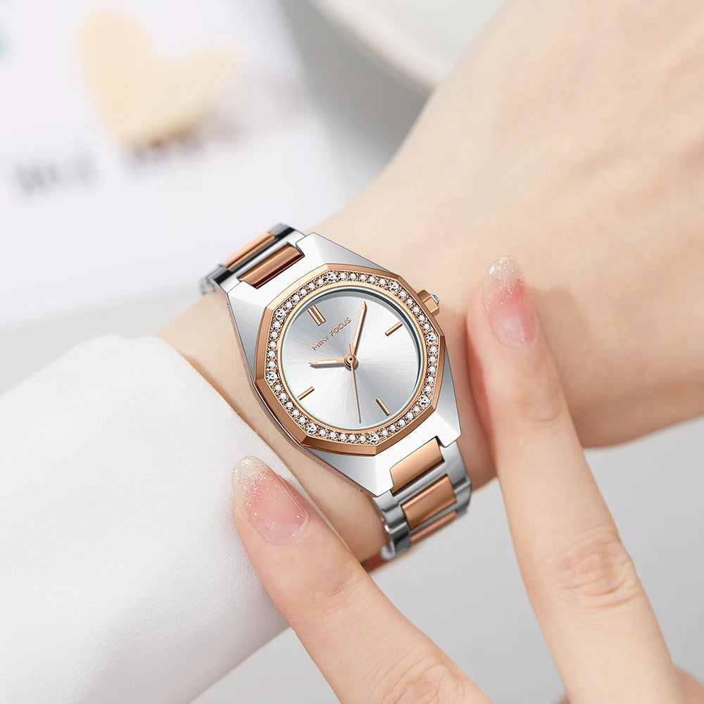 MINIFOCUS Women's Elegant Diamond Accented Octagon Quartz Watch Waterproof Stainless Band Luxury Fashion Watch Gift for Her