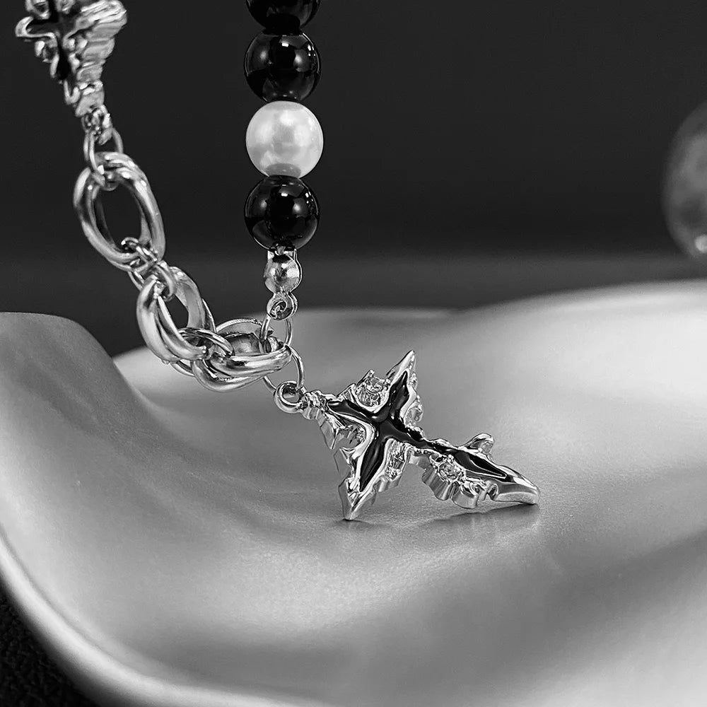 Unisex Cross Pendant Necklace – Stainless Steel with Volcanic Stone & Pearl Beads, Hip Hop Street Style