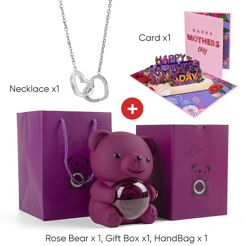 2025 New Beautiful 3D Mother's Day Card Roses Teddy Bear and Necklace Best Personalized Unique Mother’s Day Gifts for Mom