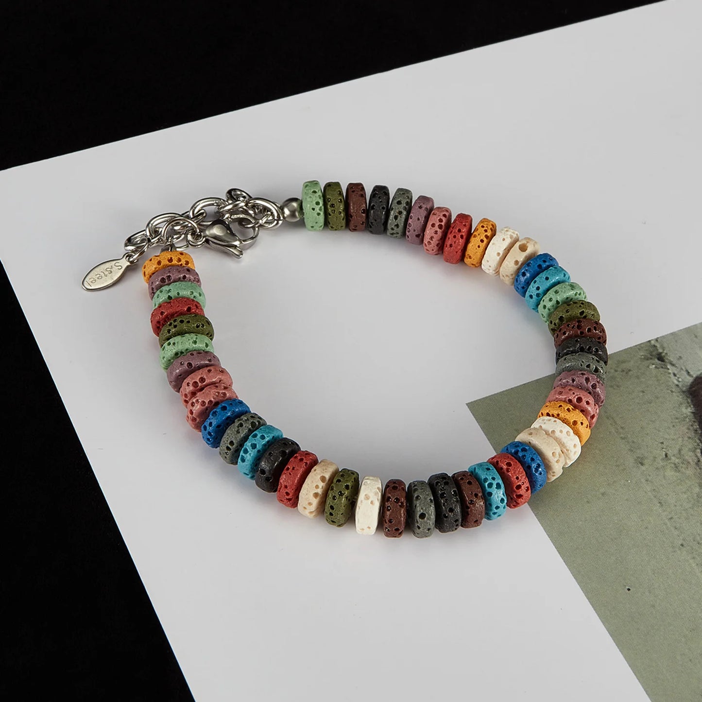 Unisex Stainless Steel Lava Stone Chain Bracelet – Colorful Volcanic Rock Titanium Steel Fashion Jewelry