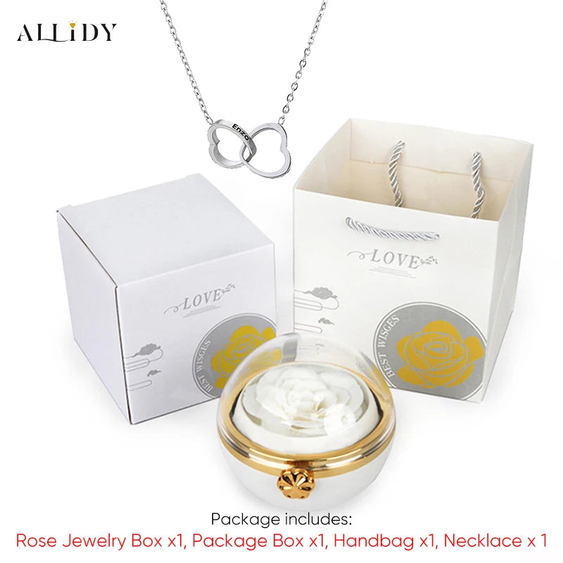 New Surprise Gift Idea Preserved Rose Round Ring or Necklace Jewelry Gift Box with Engraved Name Necklace for Girl Friend Mum