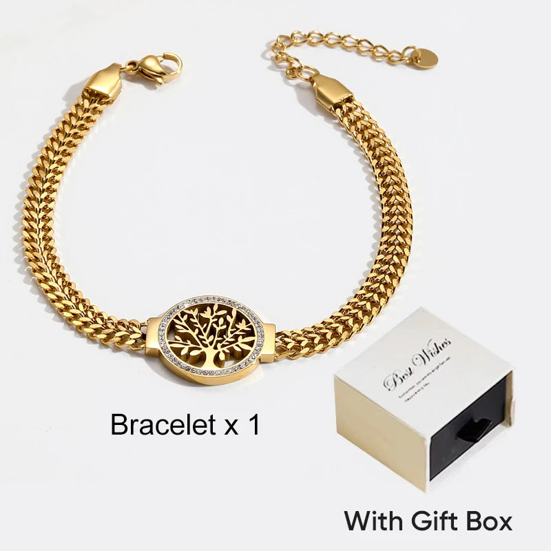 Vintage Fashion Life Tree Pendant Necklace Hollow Zircon Stainless Steel Necklace Bracelet Earrings Jewelry Set Women's