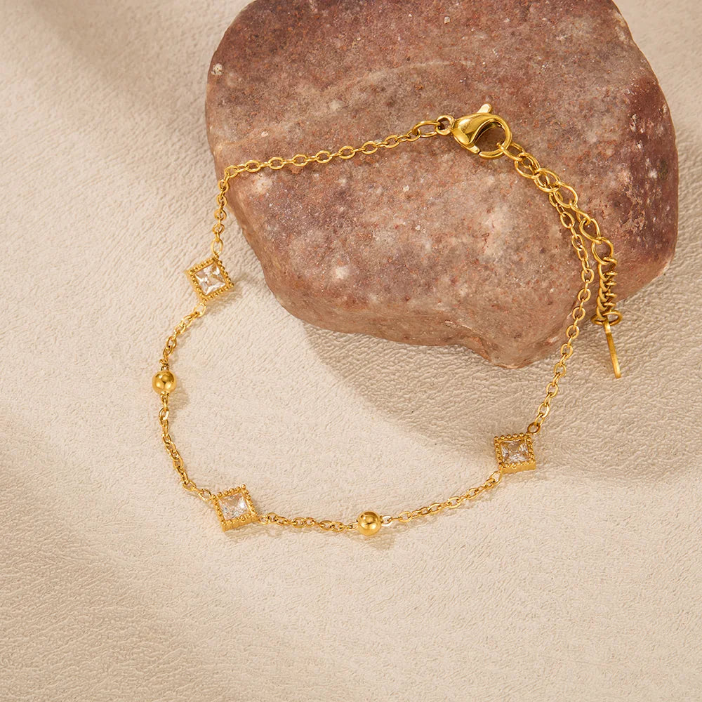 Geometric Square Zircon Bracelet for Women – Stainless Steel Commuter Style Chain with Small Beads