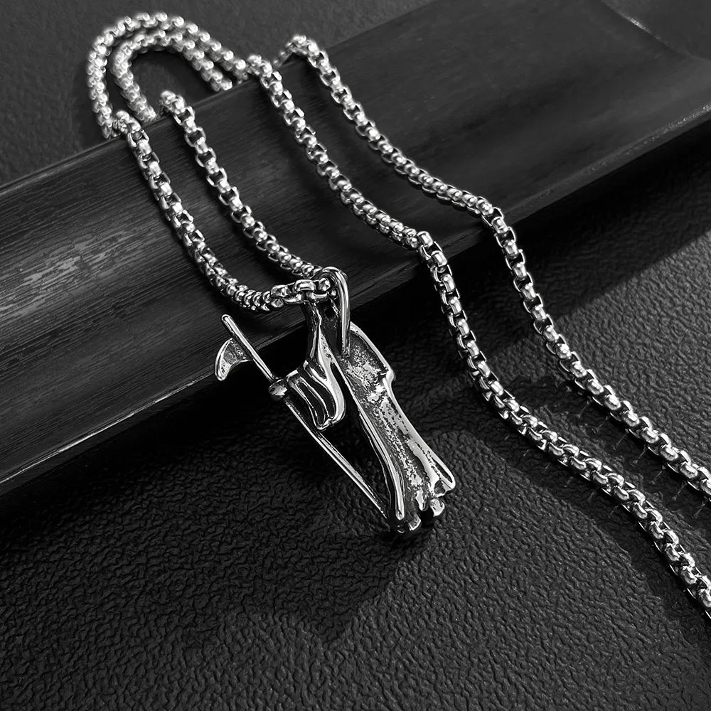 Men’s Reaper Scythe Pendant Necklace – Retro Punk Stainless Steel Grim Reaper Charm Chain