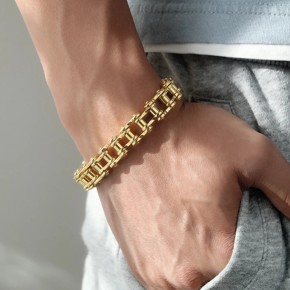 Hot-Selling Titanium Steel Biker Bracelet for Men – Rock Style Motorcycle Chain Design, Punk Jewelry