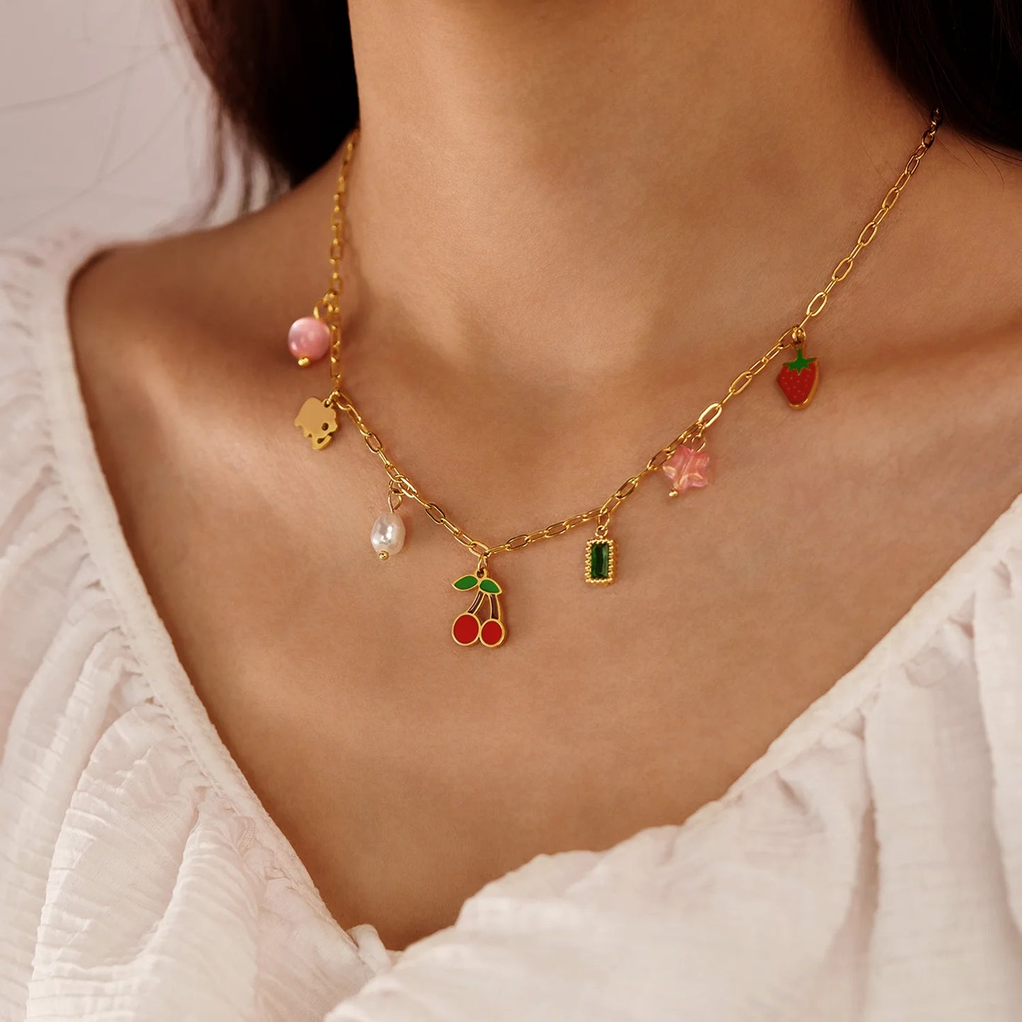 Trendy Cherry Pendant Necklace for Women – Stainless Steel Multi-Charm Aesthetic Clavicle Chain