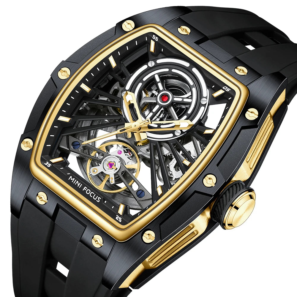MINIFOCUS Men's Bestseller Barrel Automatic Mechanical Watch Full Skeleton Stainless Steel Case Trendy Fathers Day Gift for Him