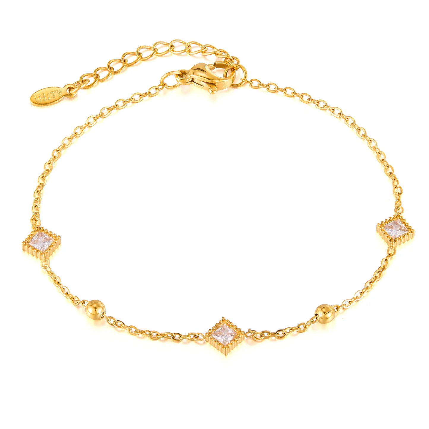 Geometric Square Zircon Bracelet for Women – Stainless Steel Commuter Style Chain with Small Beads