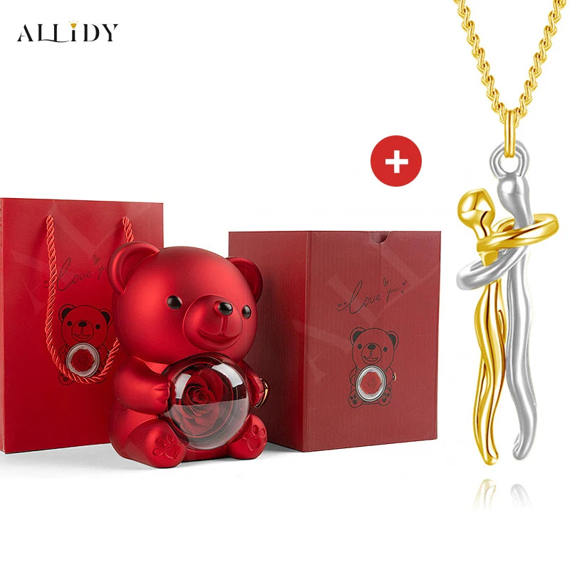 Hip Hop Embrace Couple Pendant Necklace Adjustable Hugging Pendant Necklace and Eternal Rose Bear Jewelry Box Valentine Day Gift
