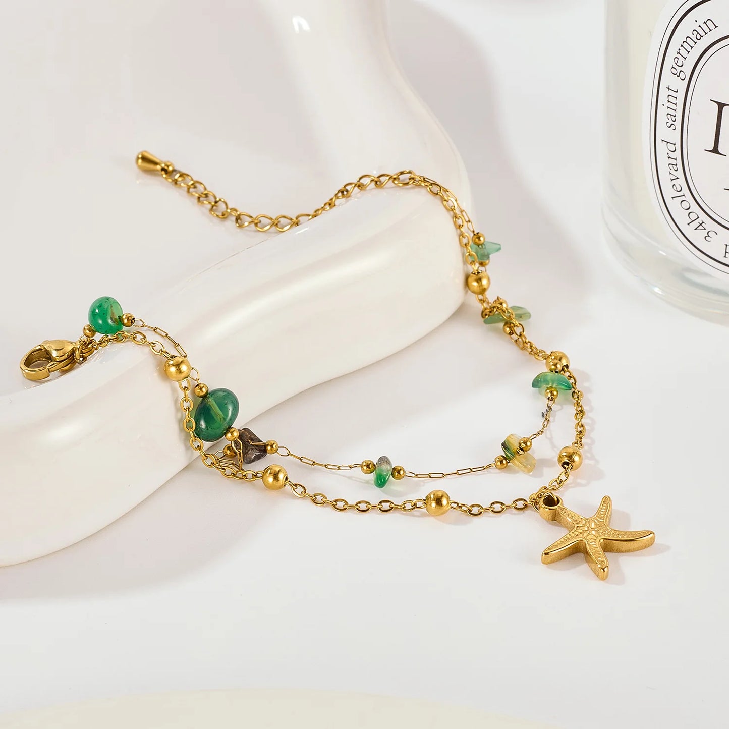 Boho Starfish Natural Stone Double Layer Bracelet for Women – Stainless Steel Minimalist Titanium Chain Jewelry