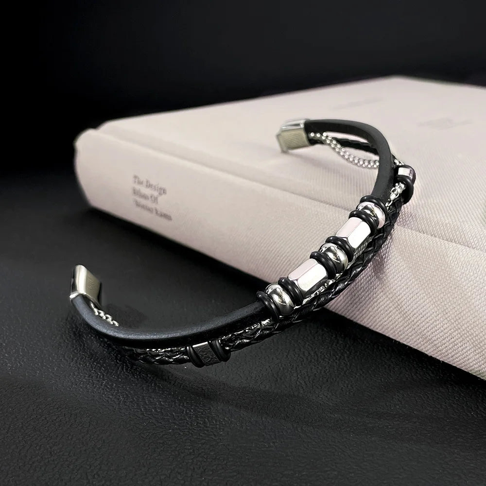 Men’s Creative Multi-Layer Leather Bracelet – Vintage Braided Wristband with Stainless Steel Chain Accents