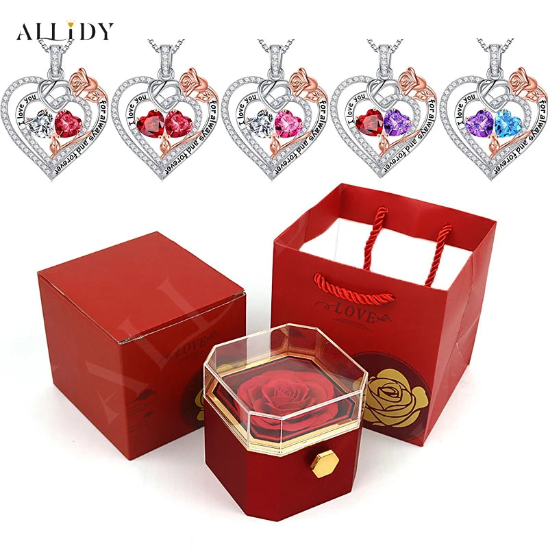 Fashion Double Heart Crystal Necklace with Rose Box – Perfect Gift Set for Women on Valentine's or Mother’s Day