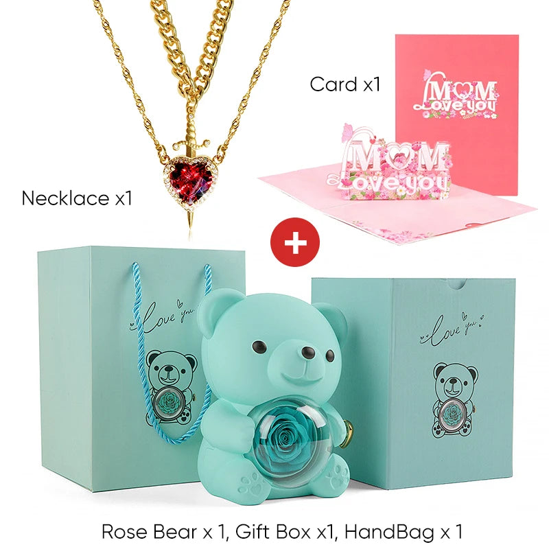 Mother's Day 3D Card Red Zircon Heart and Sword Necklace Double Necklace Real Rose Hug Bear Mothers Day Jewelry Gift Set for Mom