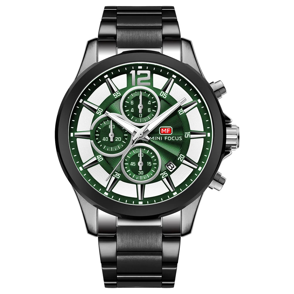 MINIFOCUS Men’s Luxury Automatic Mechanical Watch Six‑Hand Chronograph Date Luminous Waterproof Stainless Steel Band Business
