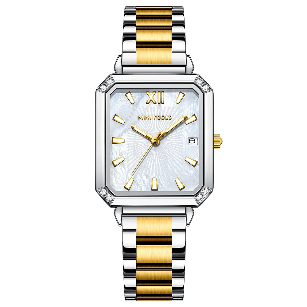 MINIFOCUS Women's Luxury Mini Square Watch Mother-of-Pearl Dial Luminous Stainless Steel Band Fashion Watch Gift for Women