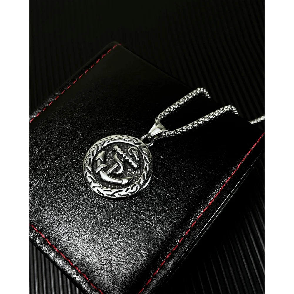 Men’s Anchor Pendant Necklace – Korean Hip Hop Style Stainless Steel Round Tag Jewelry