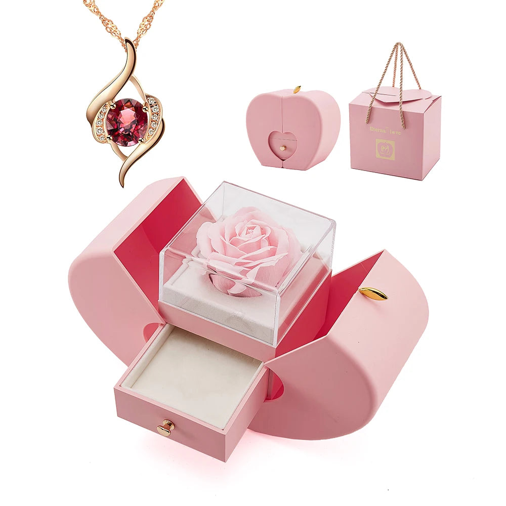 Creative Mother's Day Gift Set Eternal Rose Jewelry Box & Red Gemstone Stainless Steel Necklace Surprise Gift for Mom