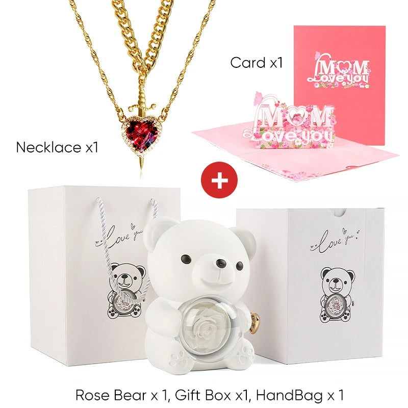Mother's Day 3D Card Red Zircon Heart and Sword Necklace Double Necklace Real Rose Hug Bear Mothers Day Jewelry Gift Set for Mom