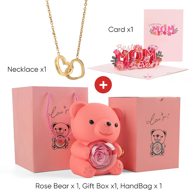 2025 New Beautiful 3D Mother's Day Card Roses Teddy Bear and Necklace Best Personalized Unique Mother’s Day Gifts for Mom