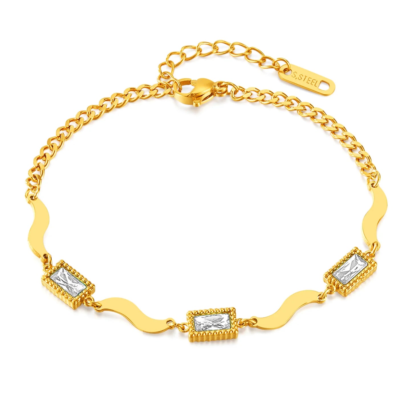 French Style Minimalist Blue Crystal Bracelet – Square Glass Zircon Charm Women’s Stainless Steel Gold-Plated Chain Jewelry