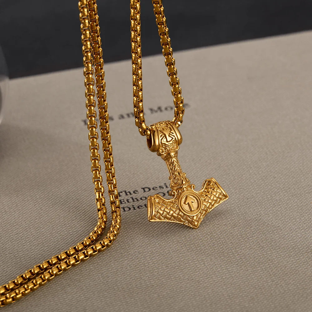 Men’s Viking Thor’s Hammer Pendant Necklace – Retro Norse Stainless Steel Nordic Amulet Jewelry