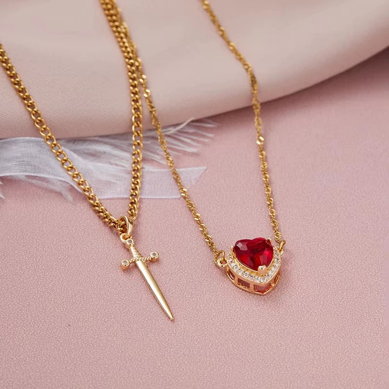 2PC Gothic Punk One Arrow Through The Heart Creative Two Color Couple Necklace Red Rhinestone Heart Dagger Necklace Friend Gift