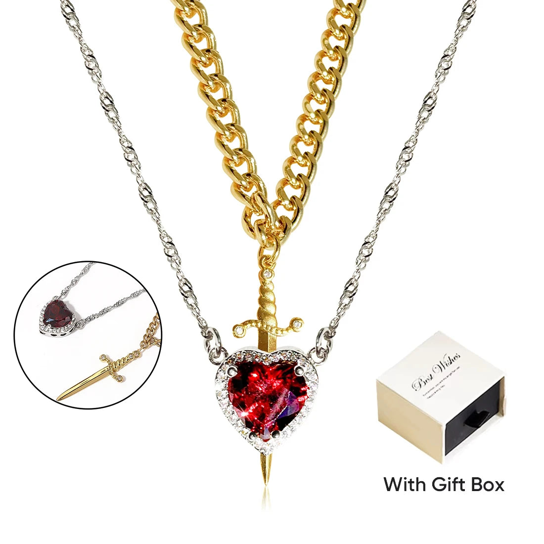 Heart and Sword Zircon Crystal Necklace 2pcs Women New Fashion Double Chain Pendant Female Mother's Day Gifts for Mom/Women