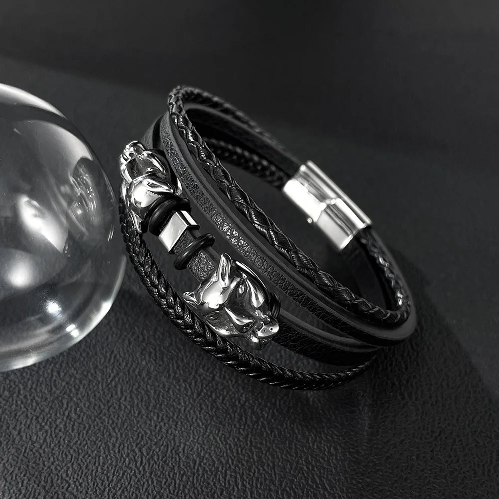 Men’s Leopard Head Leather Bracelet – Trendy Braided Wristband with Stainless & Titanium Steel, Bold Animal-Inspired Design
