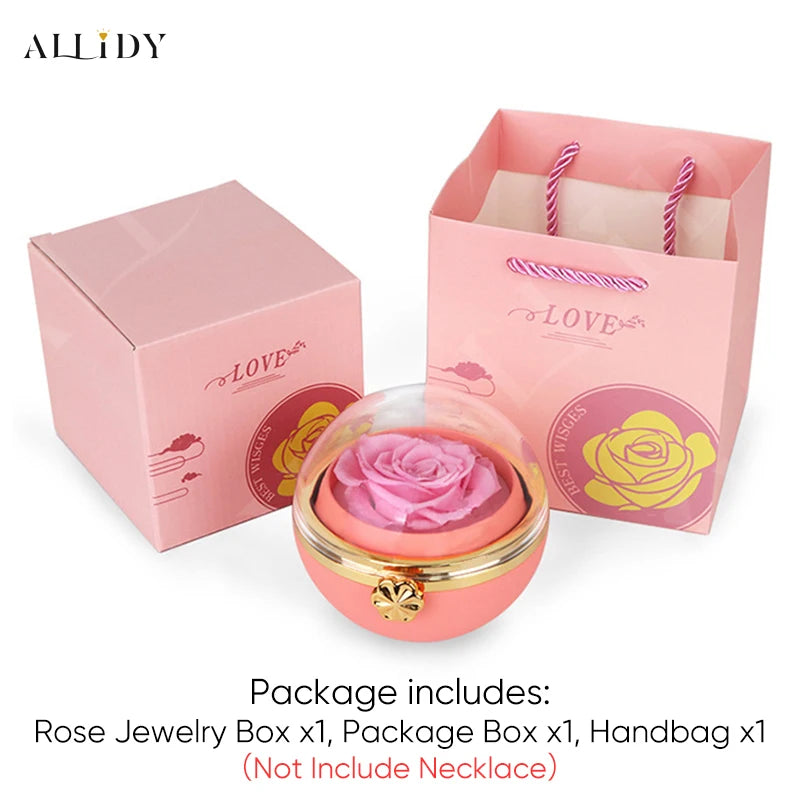 New Surprise Gift Idea Preserved Rose Round Ring or Necklace Jewelry Gift Box with Engraved Name Necklace for Girl Friend Mum