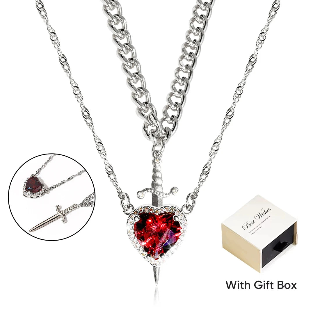 Heart and Sword Zircon Crystal Necklace 2pcs Women New Fashion Double Chain Pendant Female Mother's Day Gifts for Mom/Women