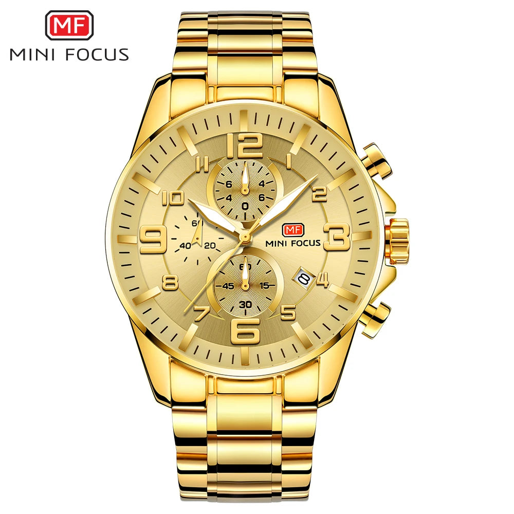 MINIFOCUS Golden Mens Luxury Watch Bold Large Dial Luminous Waterproof Stainless Steel Best Seller Middle East for Business Man