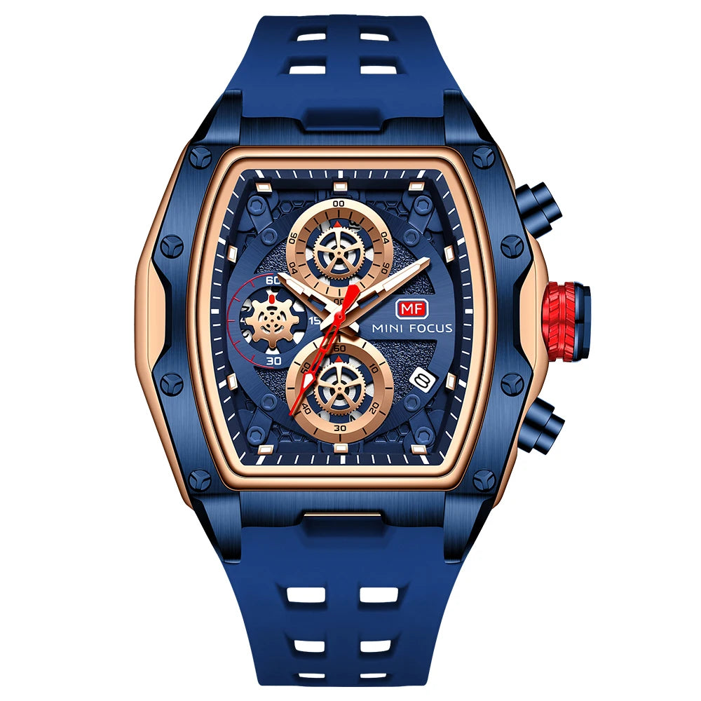 MINIFOCUS Luxury Mens Racing Sports Watch Barrel Skeleton Dial Waterproof Luminous Wristwatch Outdoor Business Watch for Man