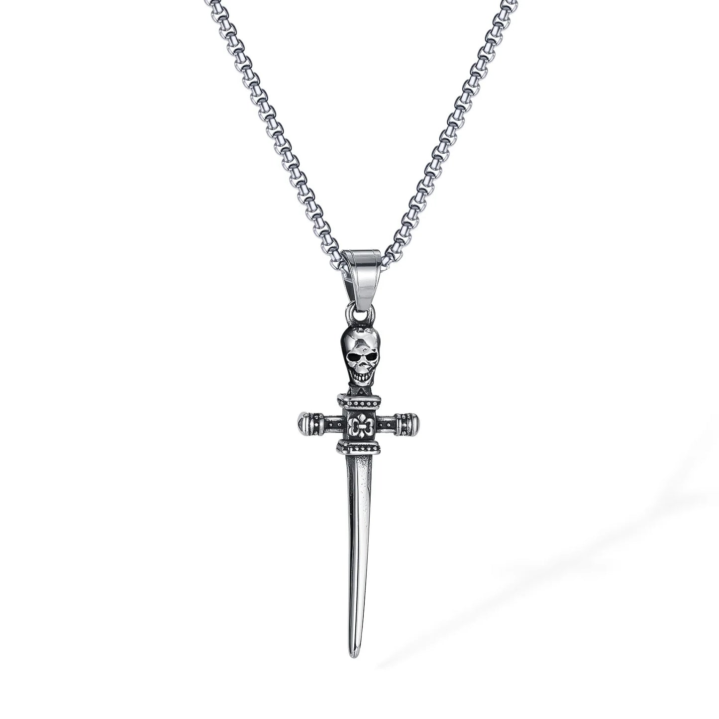 Men’s Skull Cross Sword Pendant Necklace – Retro Punk Stainless Steel Jewelry