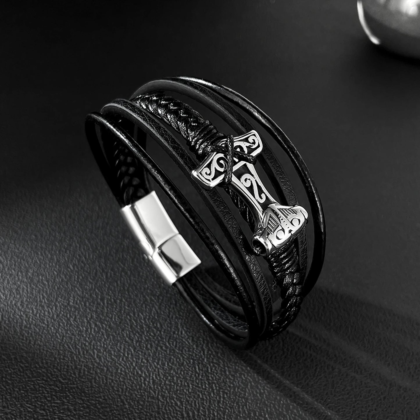 Men’s Vintage Geometric Leather Bracelet – Multi-Layer Braided Wristband with Stainless Steel Accents, Retro European Style