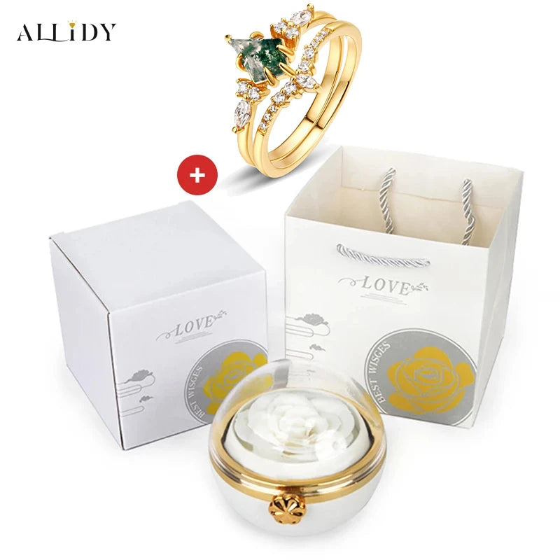 Creative Irregular Natural Green Moss Stone Aquatic Agate Retro Women's Two-Piece Ring With Real Eternal Rose Jewelry Box Set