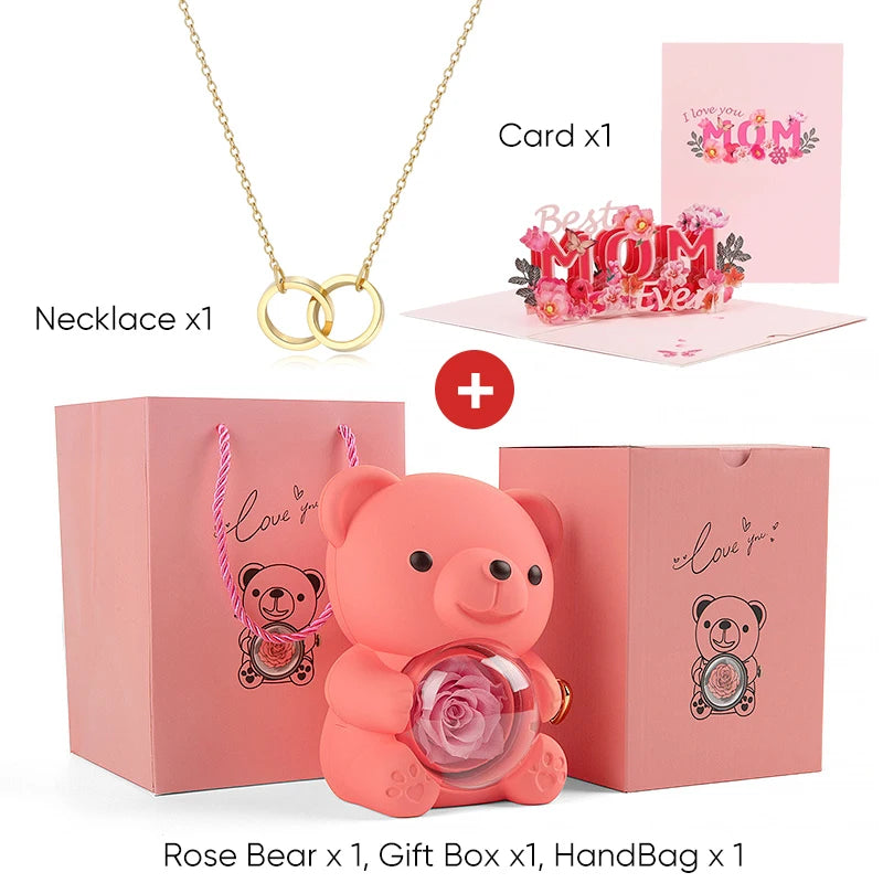 Mother's Day Gift Set Personalized Custom Necklace & Eternal Rose Teddy Bear and Beautiful Card Unique Jewelry Gift for Mom