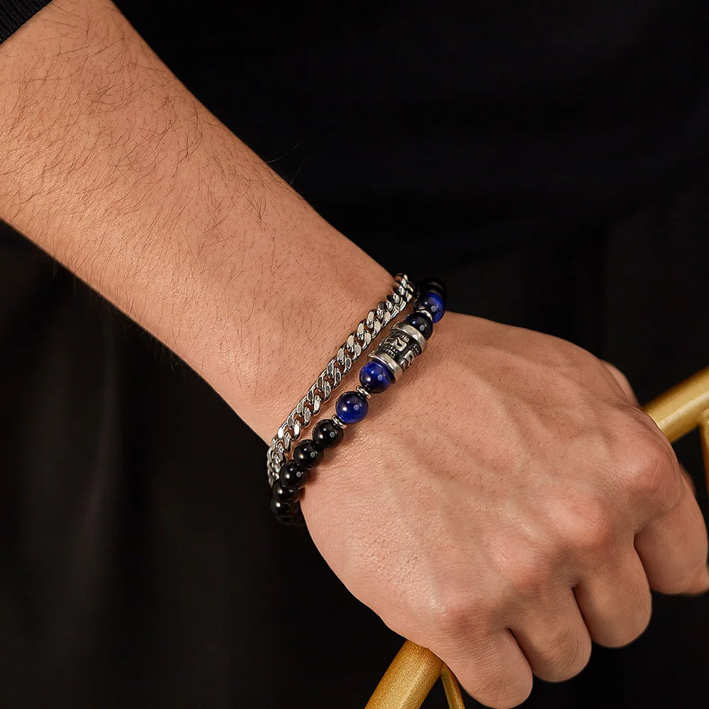 Men’s Double-Layer Cuban Chain Bracelet – Black Agate & Tiger Eye Beads, Stainless Steel Fashion Jewelry