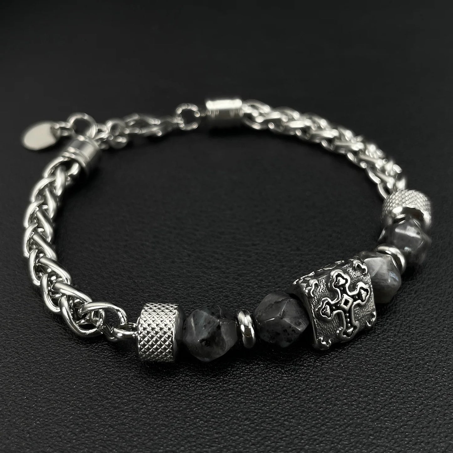 Men’s Stainless Steel Bracelet – Cross Chain with Skull / Wolf / Leopard Head & Tiger Eye Beads, Vintage Style