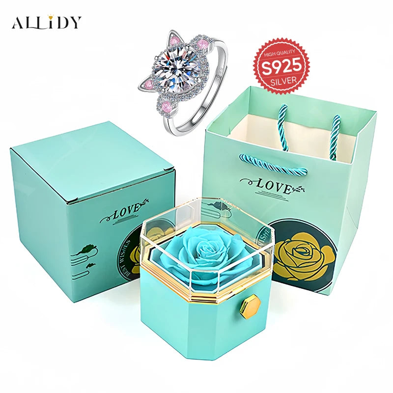 925 Sterling Silver Cute Cat Ear Design Artificial Zircon Ring with Eternal Rose Jewelry Gift Box Set for Girl Women
