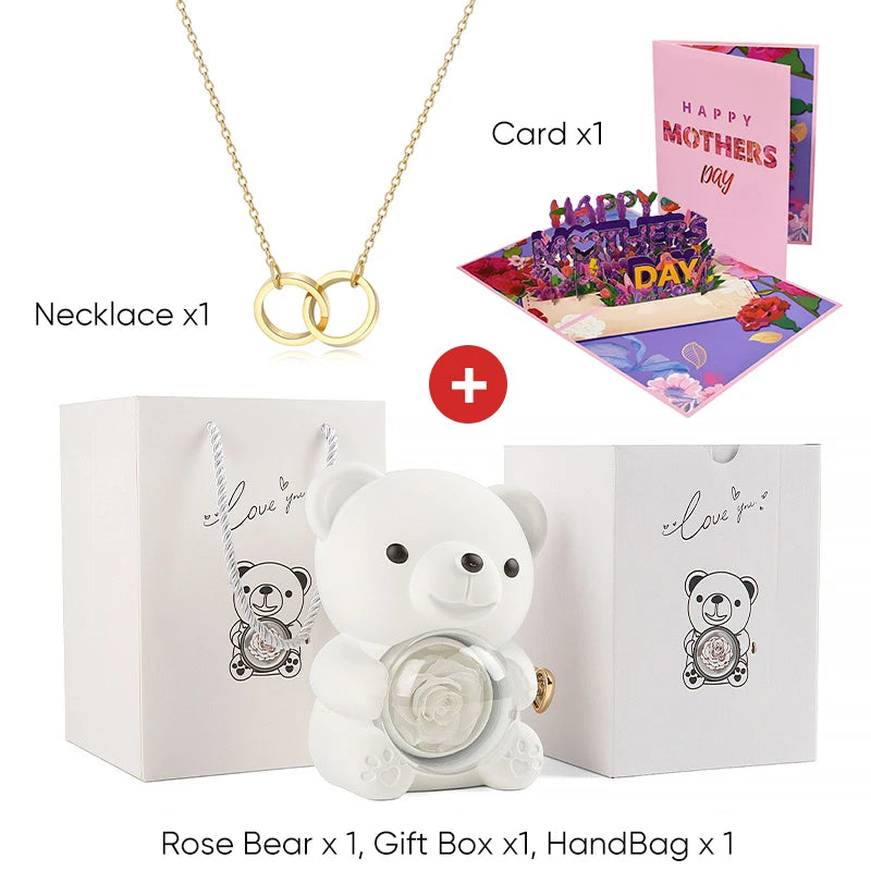 Mother's Day Gift Set Personalized Custom Necklace & Eternal Rose Teddy Bear and Beautiful Card Unique Jewelry Gift for Mom