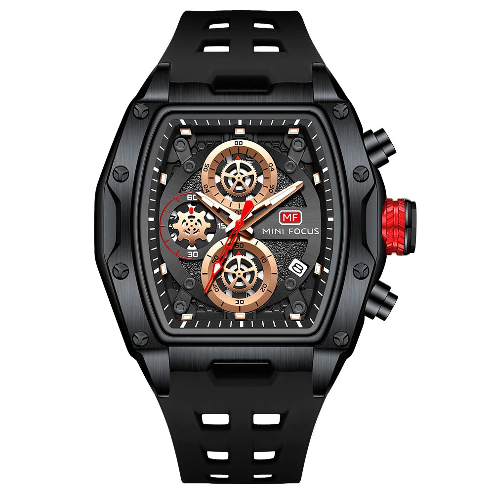 MINIFOCUS Luxury Mens Racing Sports Watch Barrel Skeleton Dial Waterproof Luminous Wristwatch Outdoor Business Watch for Man