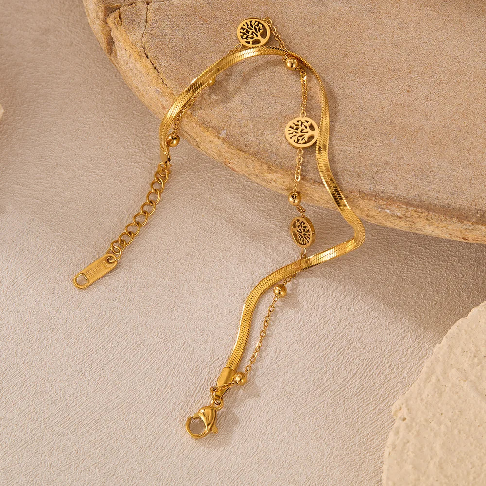 Vintage Double-Layer Tree of Life Bracelet for Women – Stainless Steel Snake Chain Layered Wrist Jewelry