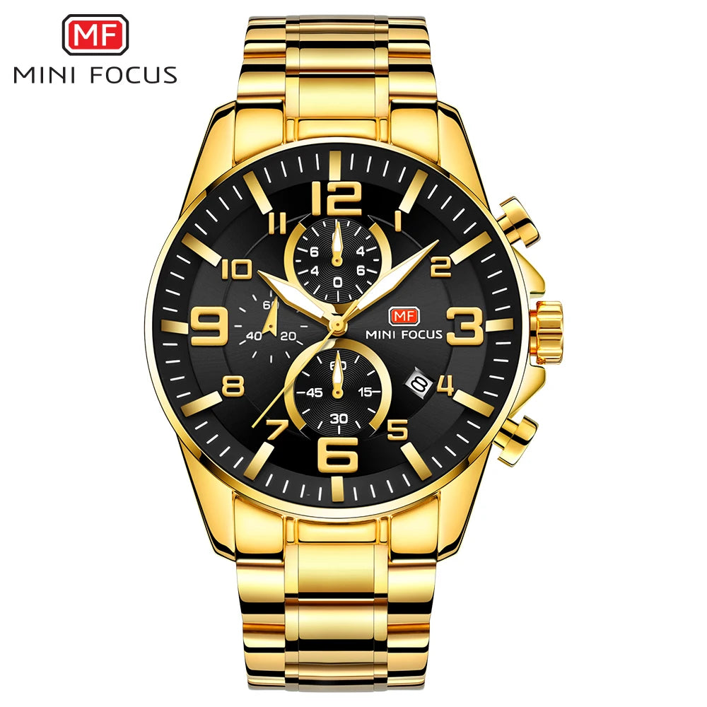 MINIFOCUS Golden Mens Luxury Watch Bold Large Dial Luminous Waterproof Stainless Steel Best Seller Middle East for Business Man